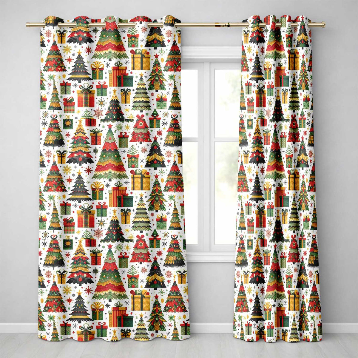 Vintage Christmas Trees Ornaments Red Green Holiday Seamless Pattern  Readymade Eyelet Ring Top Thermal 100% Blackout Curtains