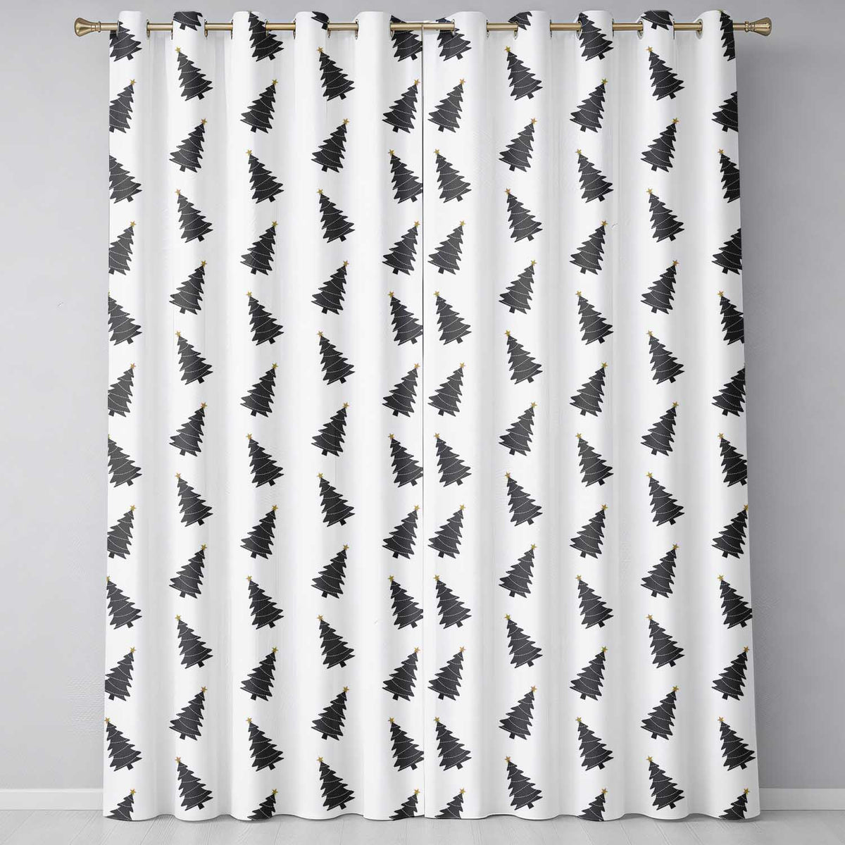 Minimal Black Christmas Trees Gold Star Seamless Pattern  Readymade Eyelet Ring Top Thermal 100% Blackout Curtains