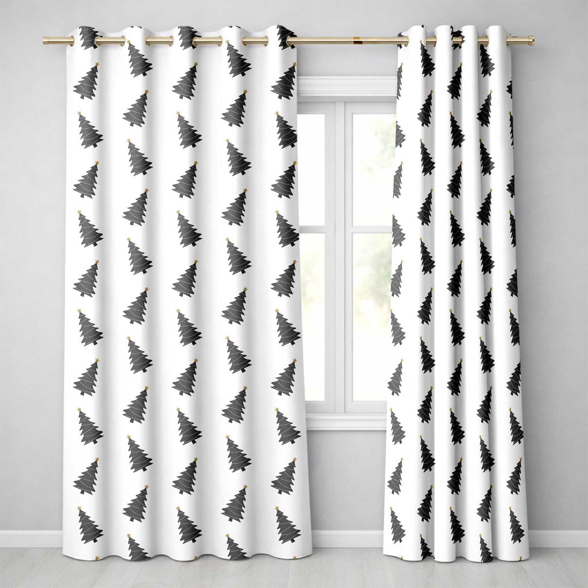 Minimal Black Christmas Trees Gold Star Seamless Pattern  Readymade Eyelet Ring Top Thermal 100% Blackout Curtains