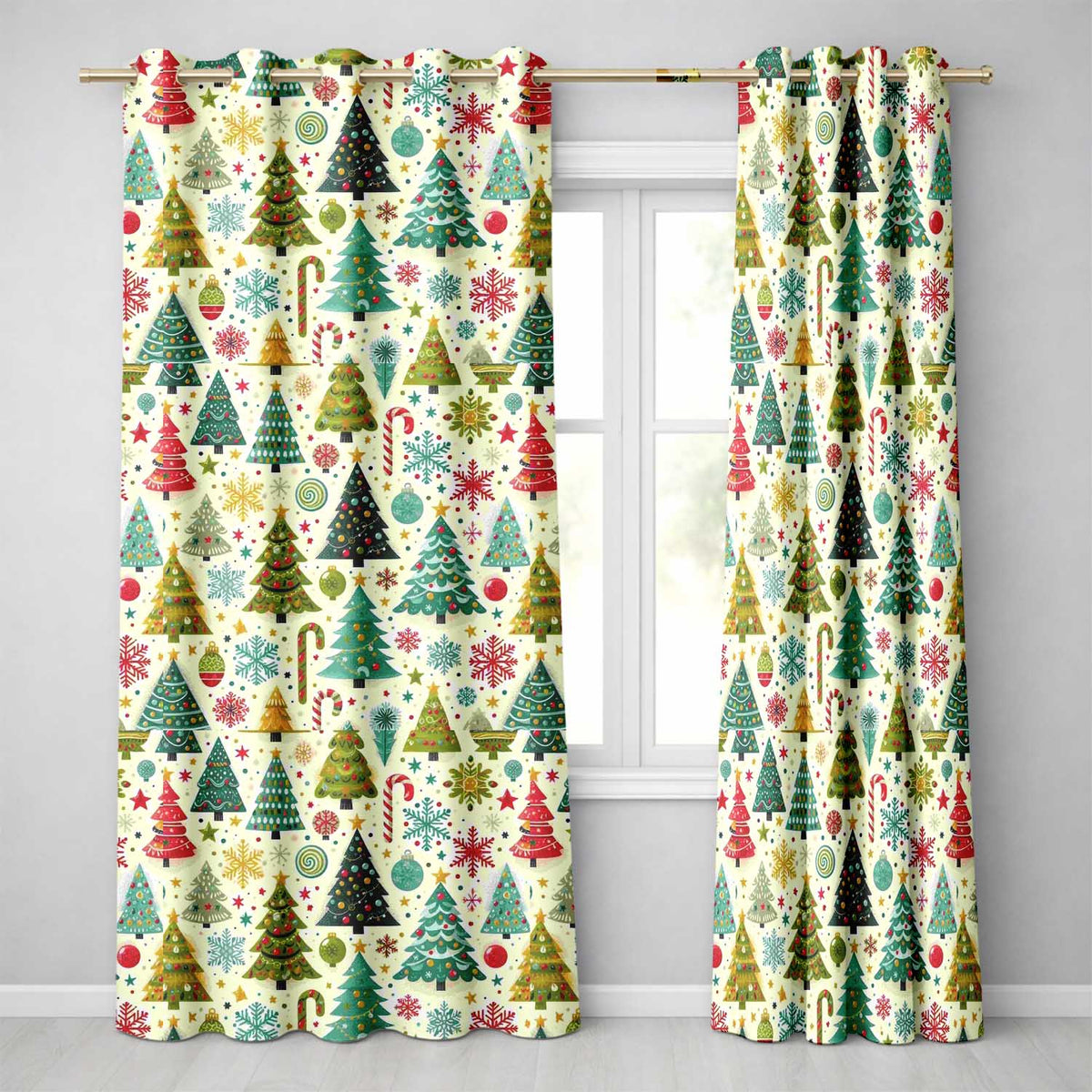 Vintage Style Christmas Trees Snowflakes Candy Cane Seamless Pattern  Readymade Eyelet Ring Top Thermal 100% Blackout Curtains