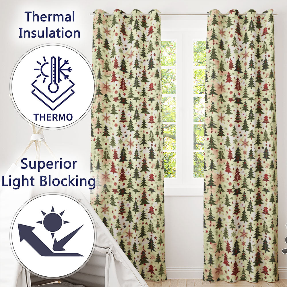 Rustic Christmas Trees Stars Holiday Winter Seamless Pattern  Readymade Eyelet Ring Top Thermal 100% Blackout Curtains