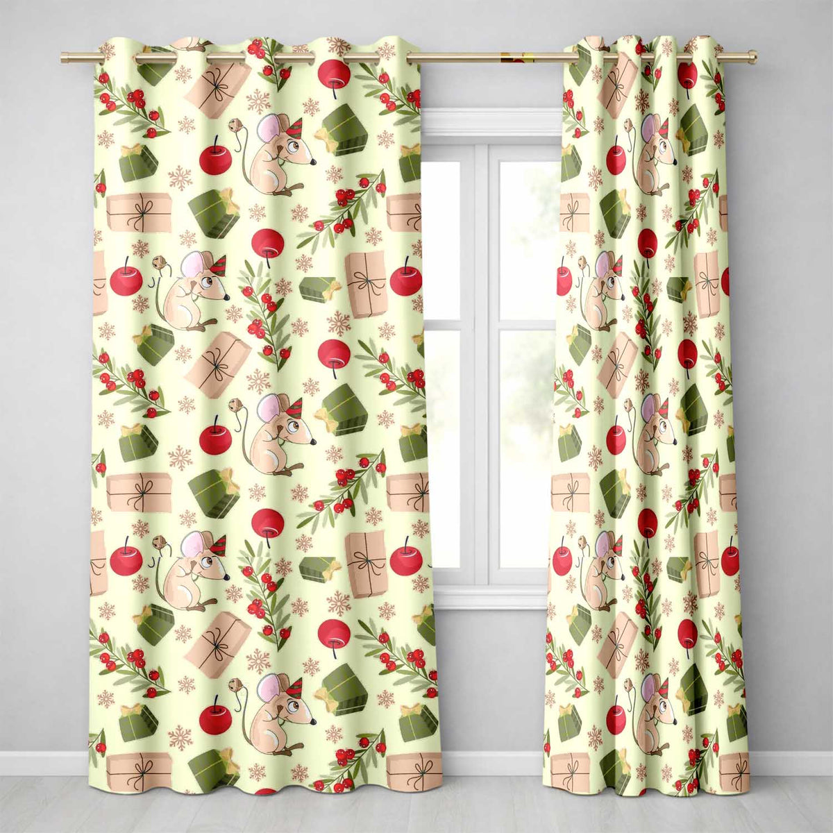 Cute Christmas Mouse with Gifts Berries and Snowflakes Seamless Pattern  Readymade Eyelet Ring Top Thermal 100% Blackout Curtains