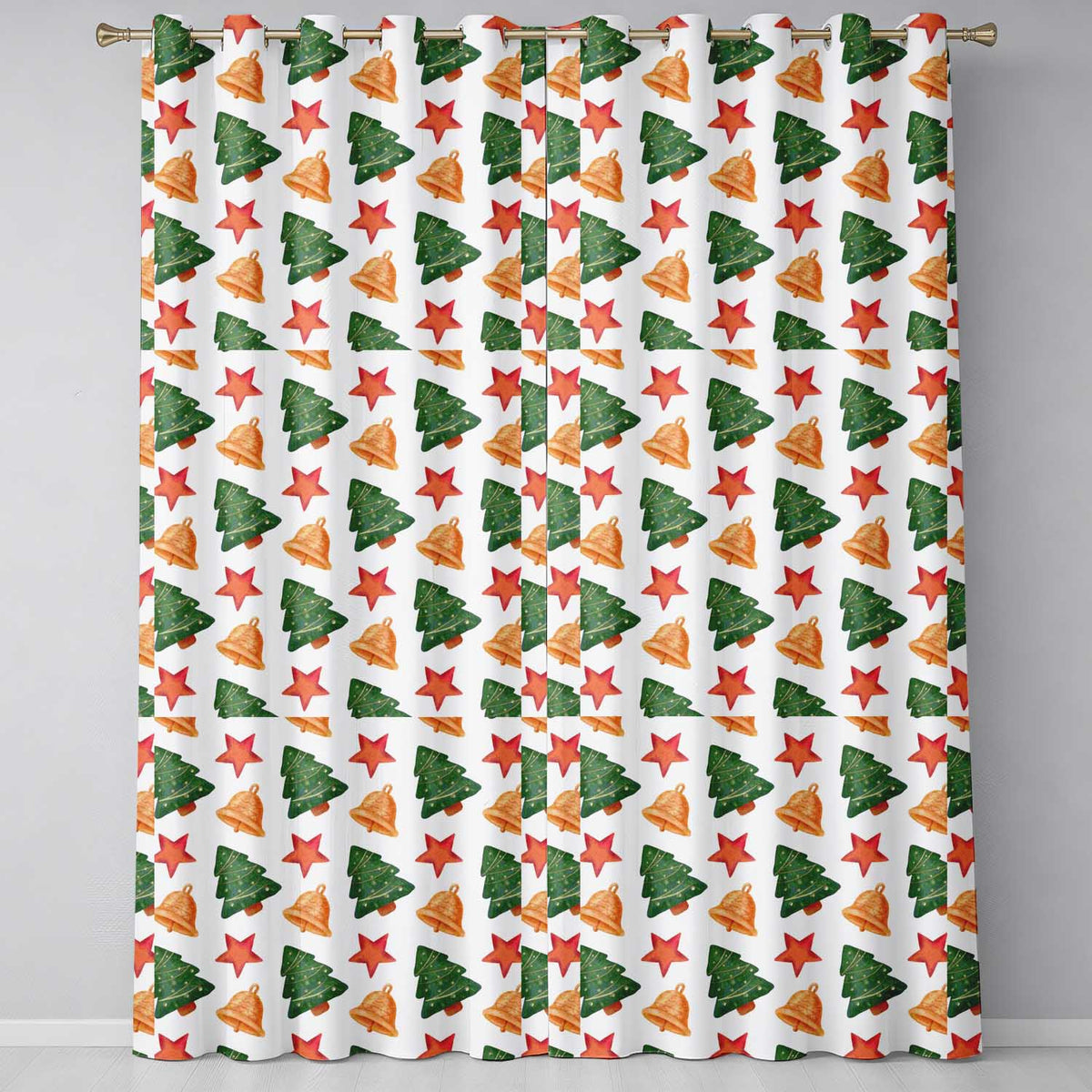 Watercolor Christmas Bells Stars and Trees Seamless Pattern  Readymade Eyelet Ring Top Thermal 100% Blackout Curtains
