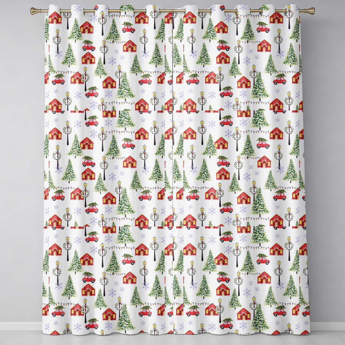 Watercolor Winter Village Houses Trees Cars Snow Seamless Pattern  Readymade Eyelet Ring Top Thermal 100% Blackout Curtains