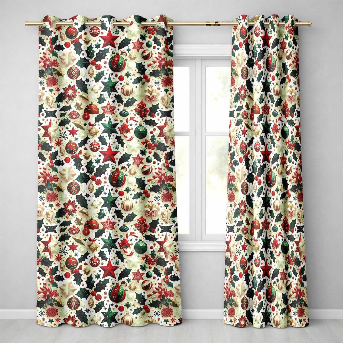 Festive Christmas Stars Ornaments Holly Leaves Seamless Pattern Readymade Eyelet Ring Top Thermal 100% Blackout Curtains