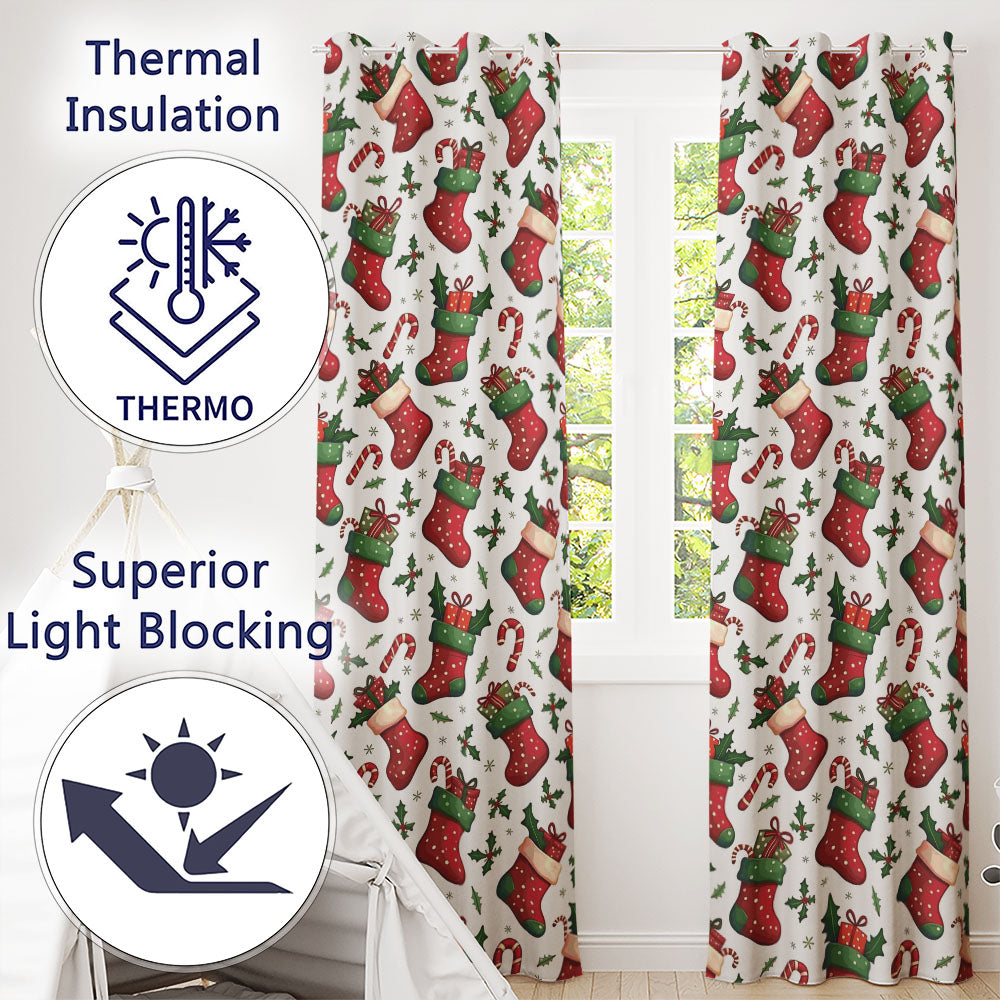 Cute Christmas Stockings Gifts Candy Cane Holly Seamless Pattern Readymade Eyelet Ring Top Thermal 100% Blackout Curtains