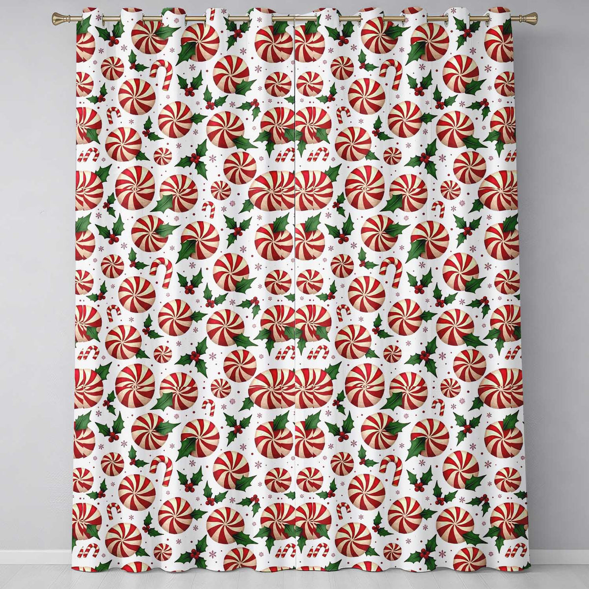 Red White Peppermint Candy Swirl Holly Seamless Pattern  Readymade Eyelet Ring Top Thermal 100% Blackout Curtains