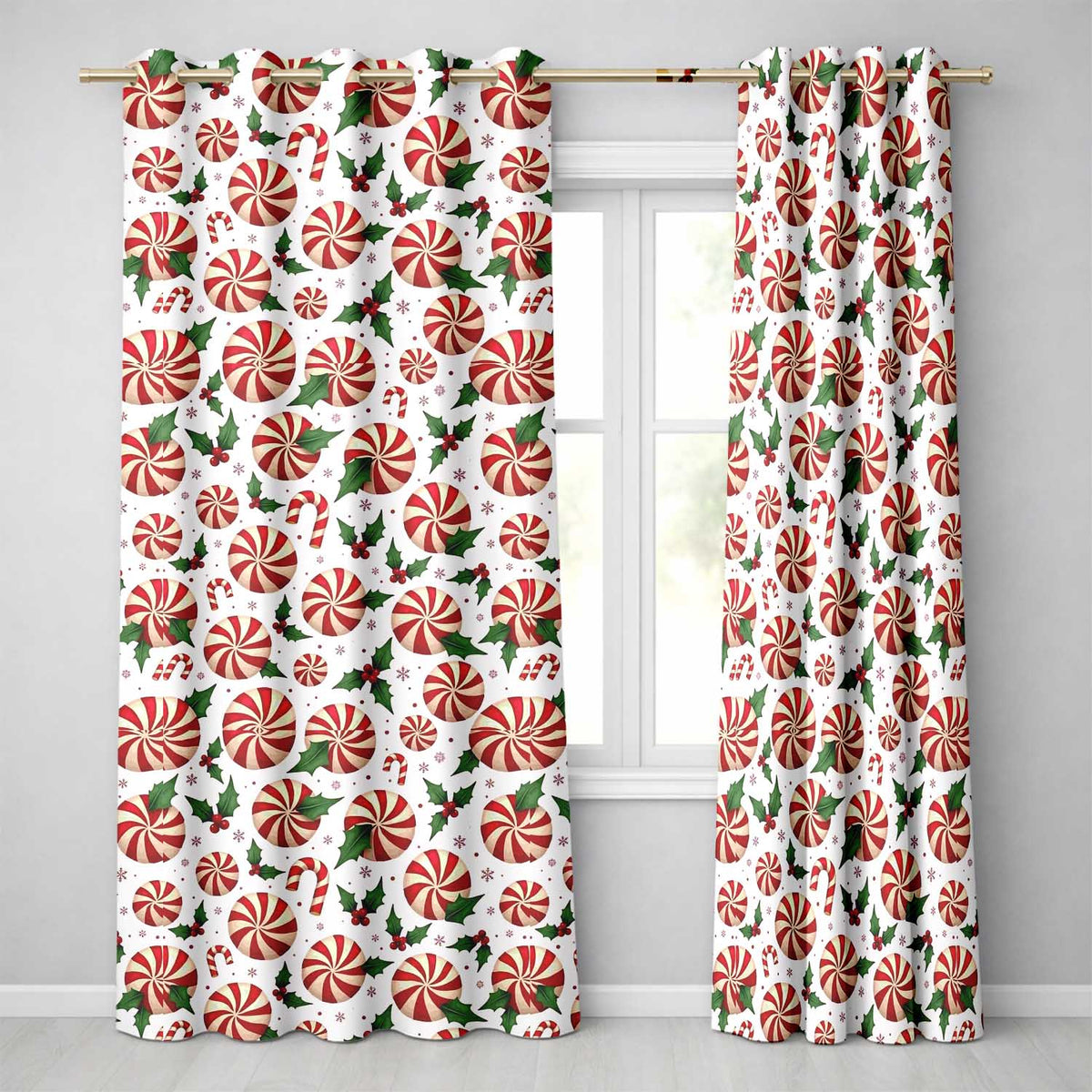 Red White Peppermint Candy Swirl Holly Seamless Pattern  Readymade Eyelet Ring Top Thermal 100% Blackout Curtains