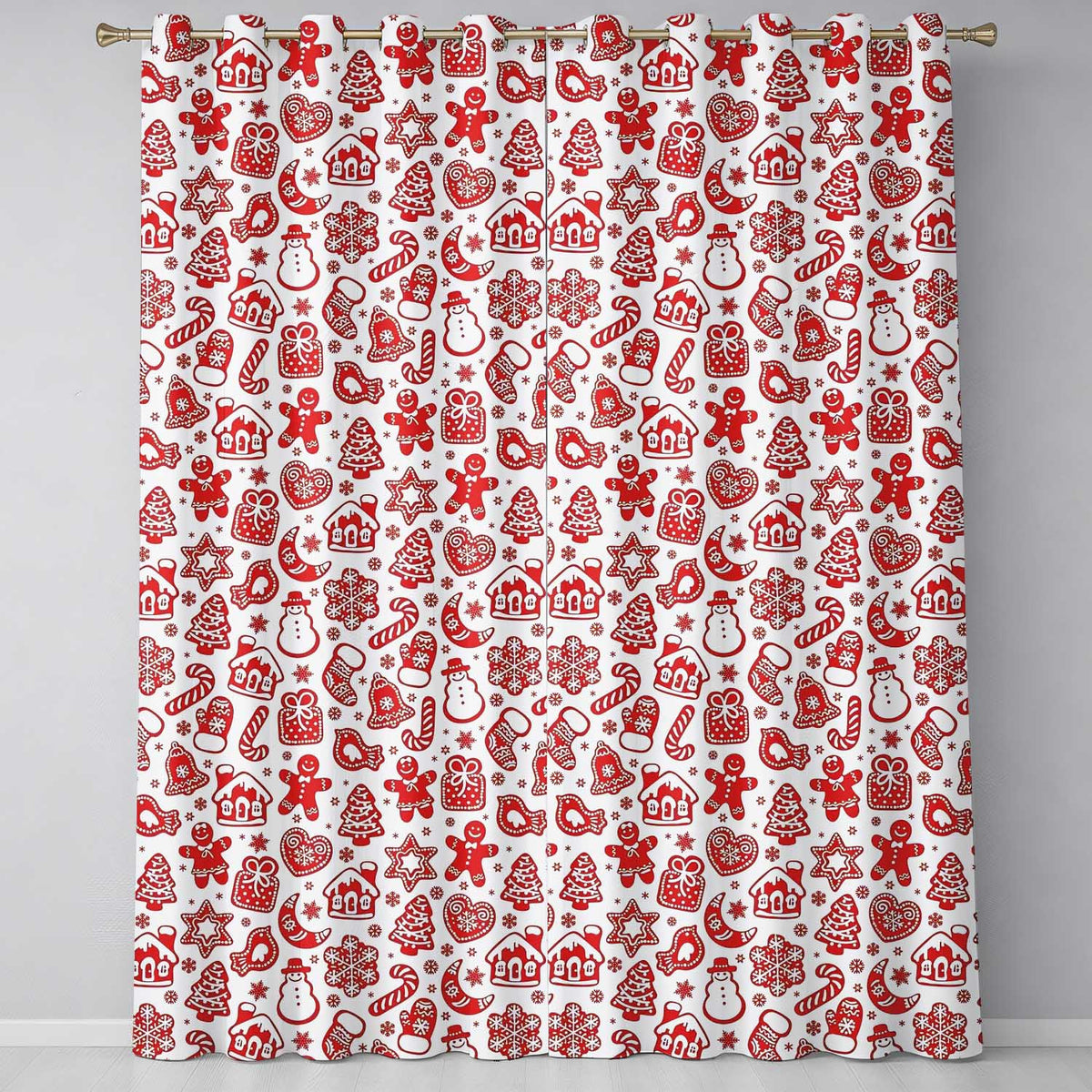 Red Christmas Gingerbread  Snowflake Seamless Pattern  Readymade Eyelet Ring Top Thermal 100% Blackout Curtains