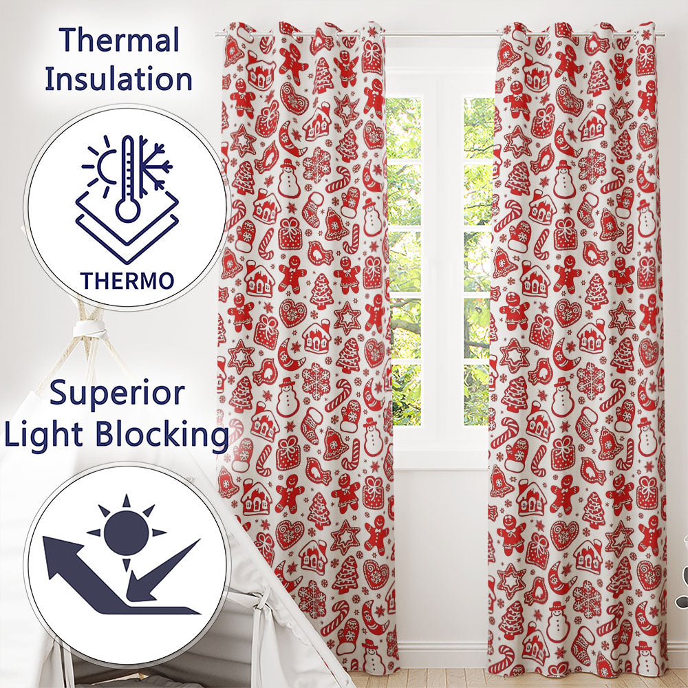 Red Christmas Gingerbread  Snowflake Seamless Pattern  Readymade Eyelet Ring Top Thermal 100% Blackout Curtains