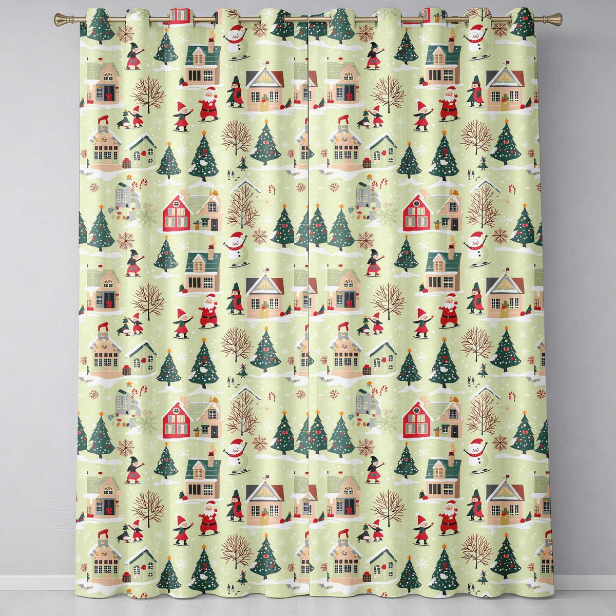 Vintage Christmas Village Snowman Santa Winter Scene Seamless Pattern  Readymade Eyelet Ring Top Thermal 100% Blackout Curtains