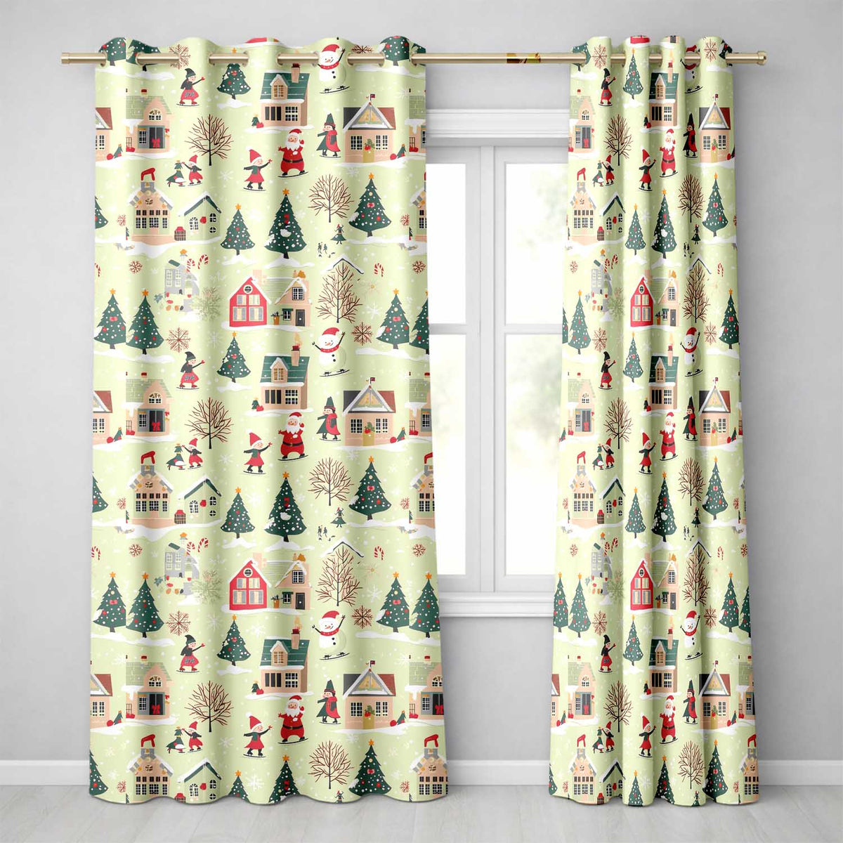 Vintage Christmas Village Snowman Santa Winter Scene Seamless Pattern  Readymade Eyelet Ring Top Thermal 100% Blackout Curtains