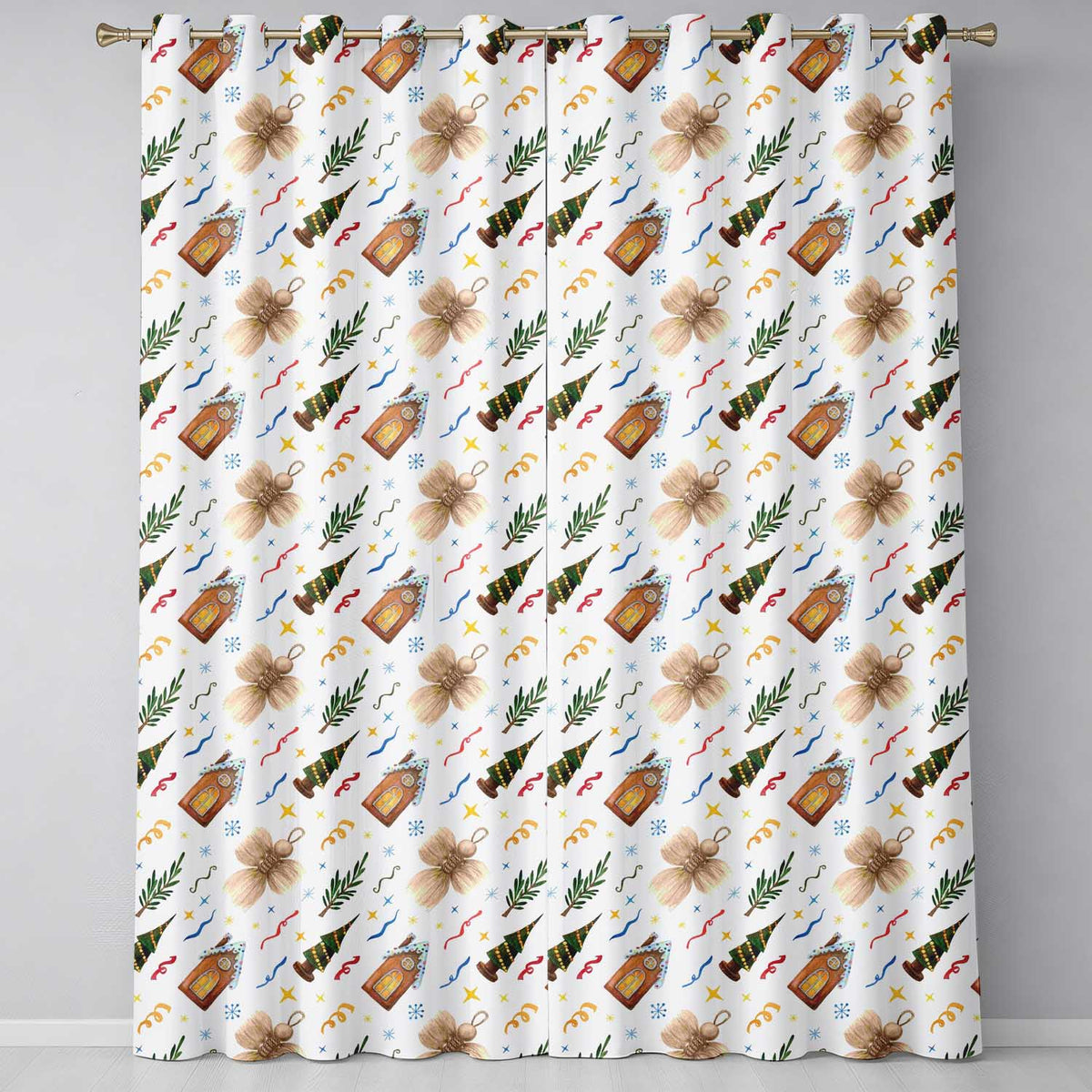 Rustic Christmas Angel House Tree Stars Seamless Pattern  Readymade Eyelet Ring Top Thermal 100% Blackout Curtains