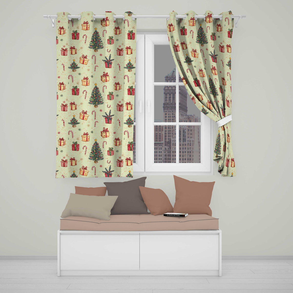 Christmas Tree Candy Cane Gift Box Snowflakes Seamless Pattern  Readymade Eyelet Ring Top Thermal 100% Blackout Curtains