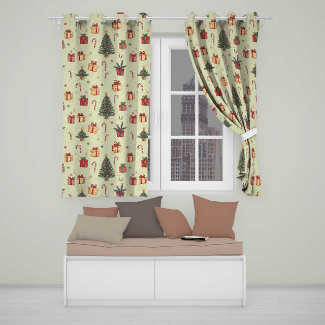 Christmas Tree Candy Cane Gift Box Snowflakes Seamless Pattern  Readymade Eyelet Ring Top Thermal 100% Blackout Curtains