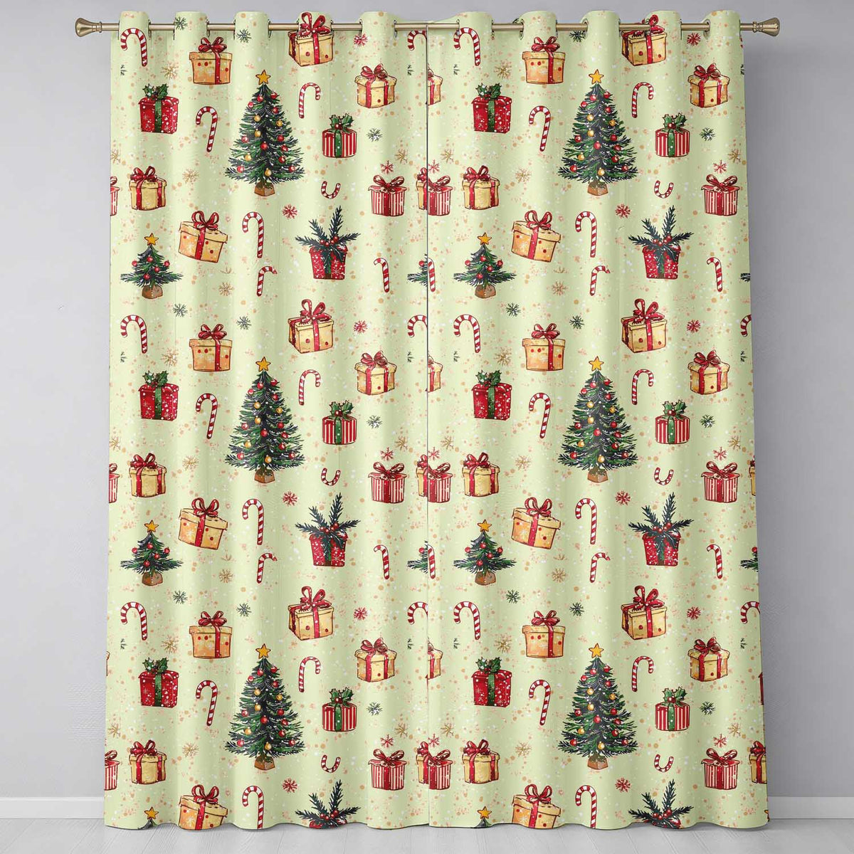 Christmas Tree Candy Cane Gift Box Snowflakes Seamless Pattern  Readymade Eyelet Ring Top Thermal 100% Blackout Curtains