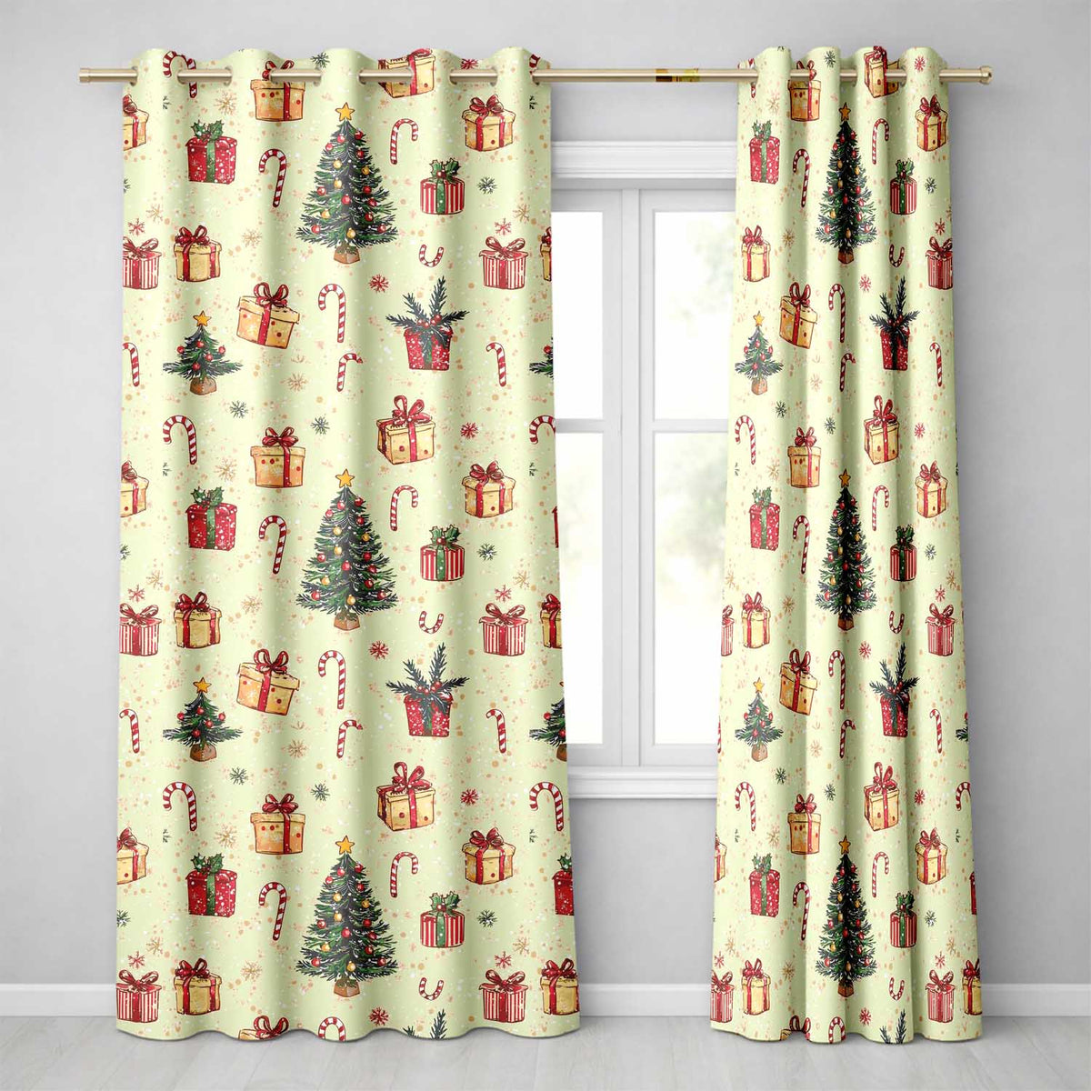 Christmas Tree Candy Cane Gift Box Snowflakes Seamless Pattern  Readymade Eyelet Ring Top Thermal 100% Blackout Curtains