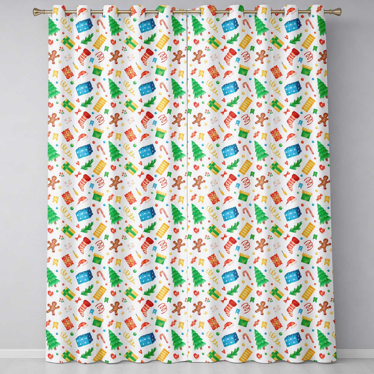 Watercolor Christmas Gifts Candy Gingerbread Festive Holiday Seamless Pattern  Readymade Eyelet Ring Top Thermal 100% Blackout Curtains