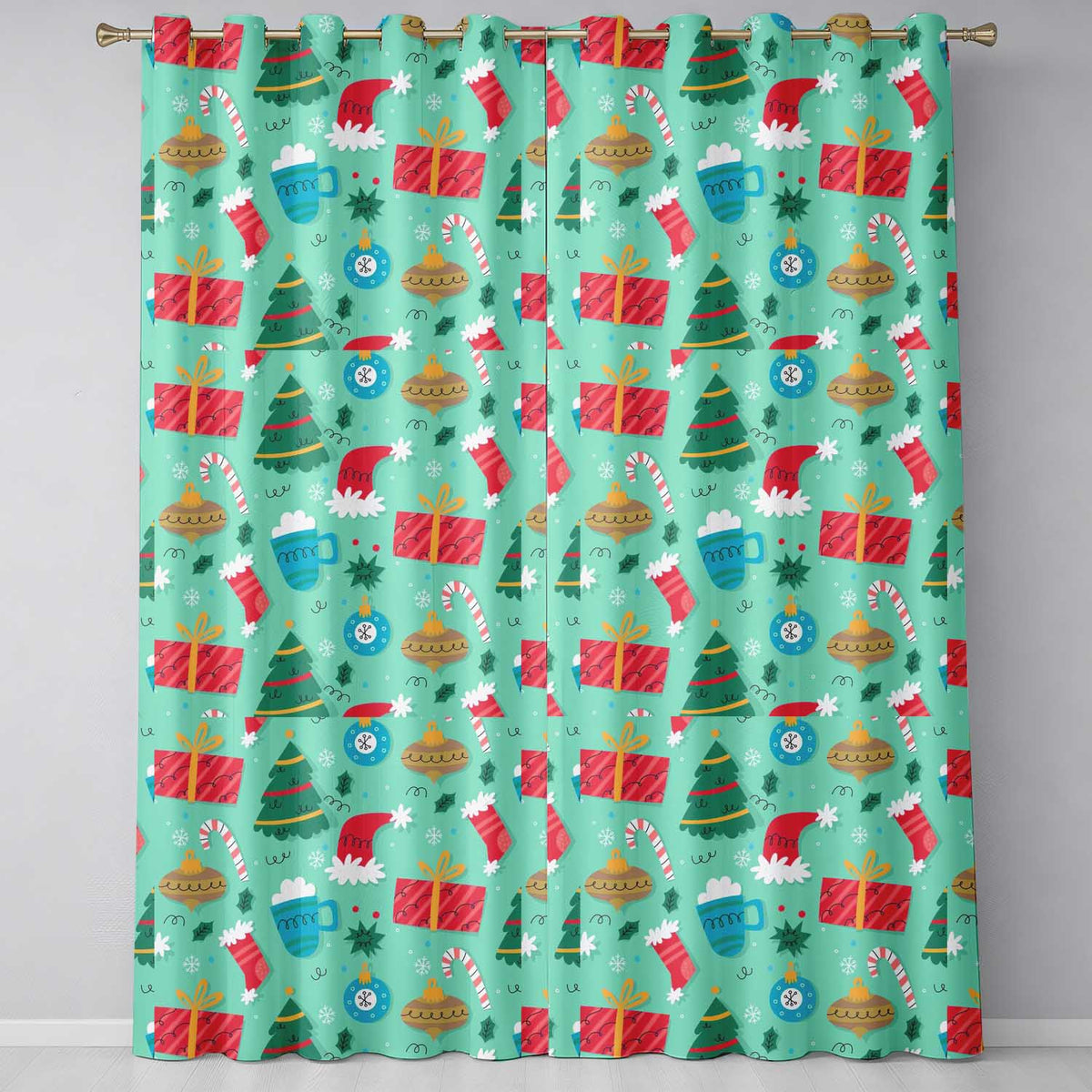 Christmas Tree Baubles Gifts Mug Candy Cane Festive Holiday Seamless Pattern  Readymade Eyelet Ring Top Thermal 100% Blackout Curtains