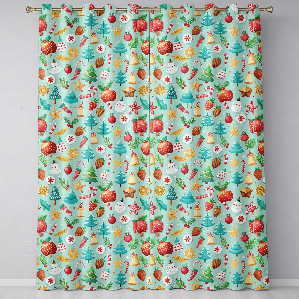 Festive Christmas Trees Ornaments Strawberries Candy Cane Holiday  Readymade Eyelet Ring Top Thermal 100% Blackout Curtains