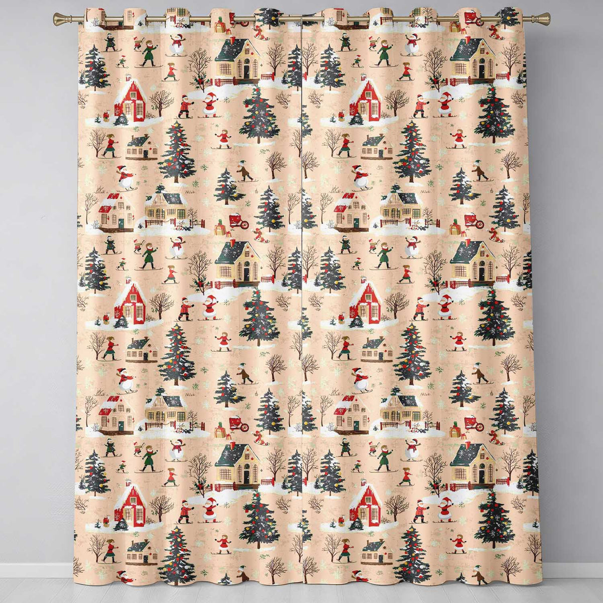 Vintage Winter Village Ice Skating Christmas Scene Seamless Pattern  Readymade Eyelet Ring Top Thermal 100% Blackout Curtains