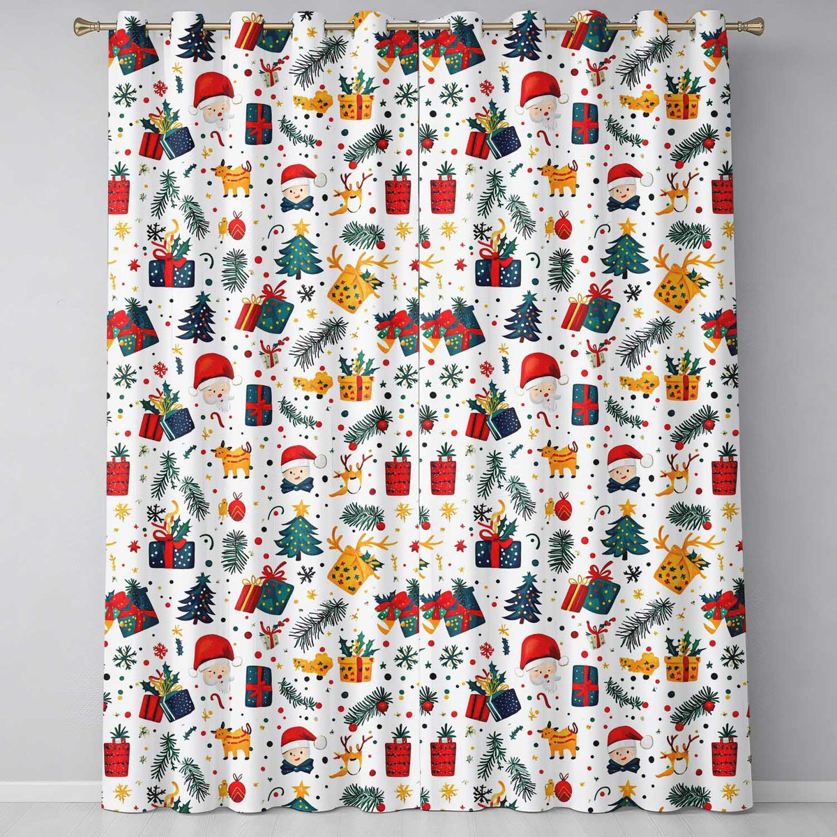 Cute Santa Reindeer Gifts Pine Branch Festive Seamless Pattern  Readymade Eyelet Ring Top Thermal 100% Blackout Curtains