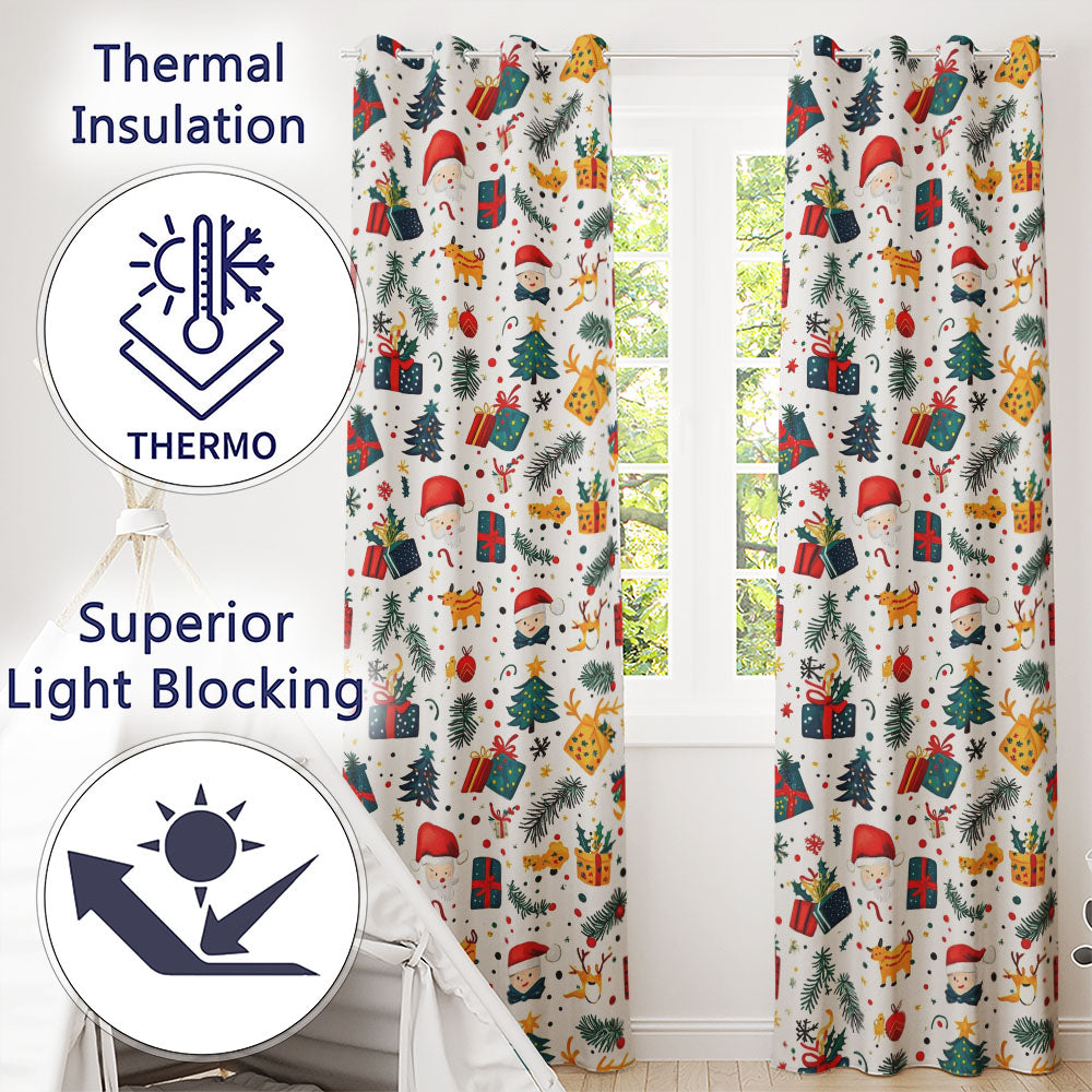 Cute Santa Reindeer Gifts Pine Branch Festive Seamless Pattern  Readymade Eyelet Ring Top Thermal 100% Blackout Curtains