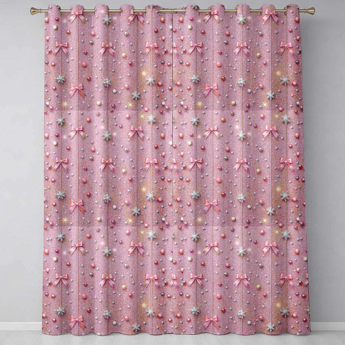 Watercolor Pink Christmas Ornaments Pine Branch Seamless Pattern  Readymade Eyelet Ring Top Thermal 100% Blackout Curtains