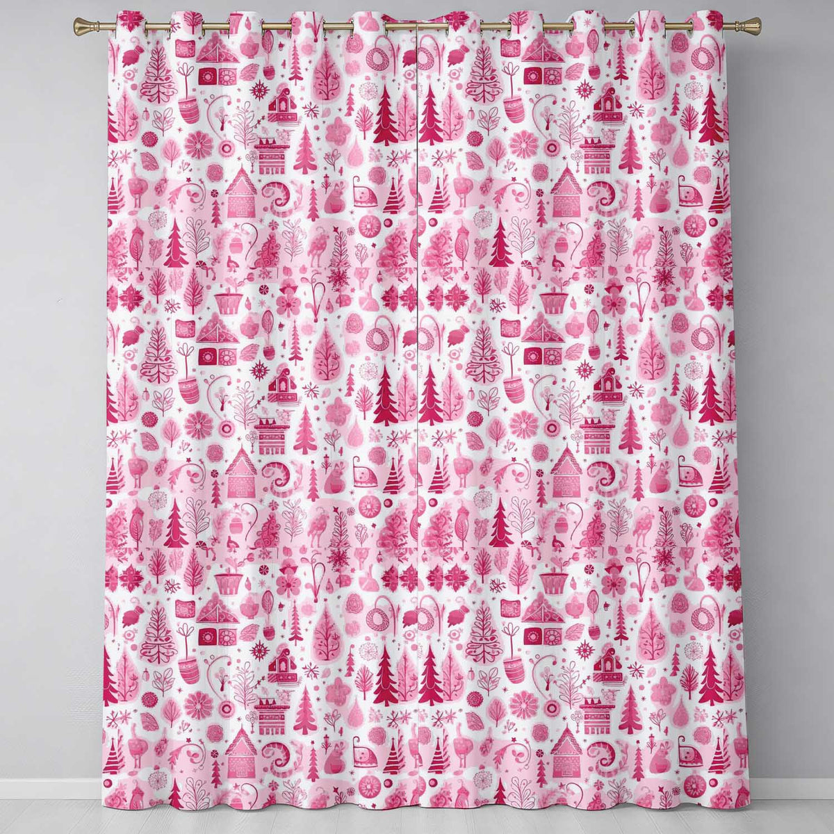 Soft Pink Christmas Baubles Botanical Seamless Pattern  Readymade Eyelet Ring Top Thermal 100% Blackout Curtains