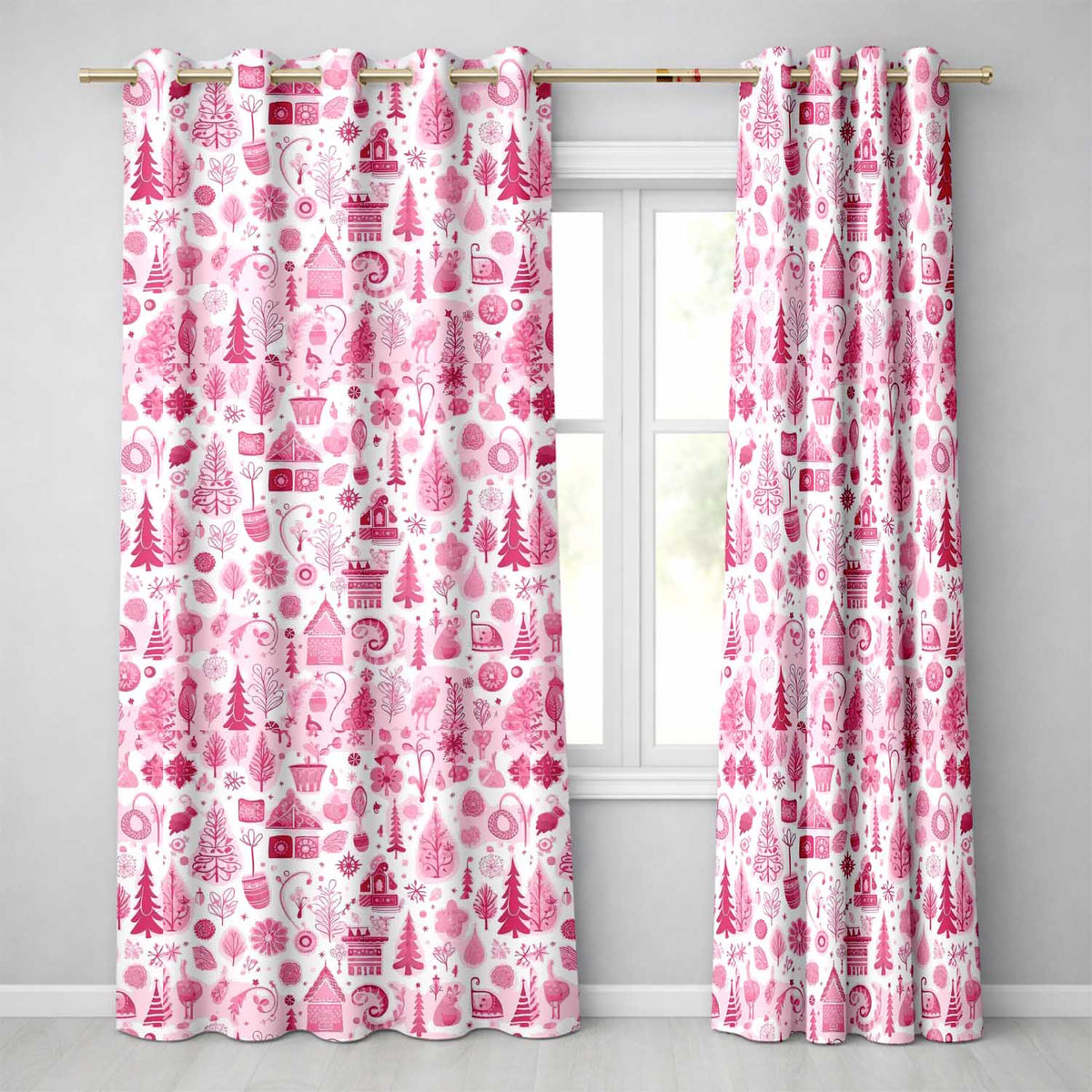 Soft Pink Christmas Baubles Botanical Seamless Pattern  Readymade Eyelet Ring Top Thermal 100% Blackout Curtains