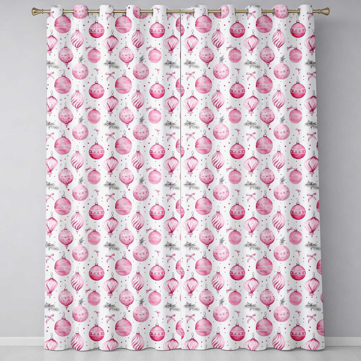 Watercolor Pink Christmas Baubles Ribbon Pine Seamless Pattern  Readymade Eyelet Ring Top Thermal 100% Blackout Curtains