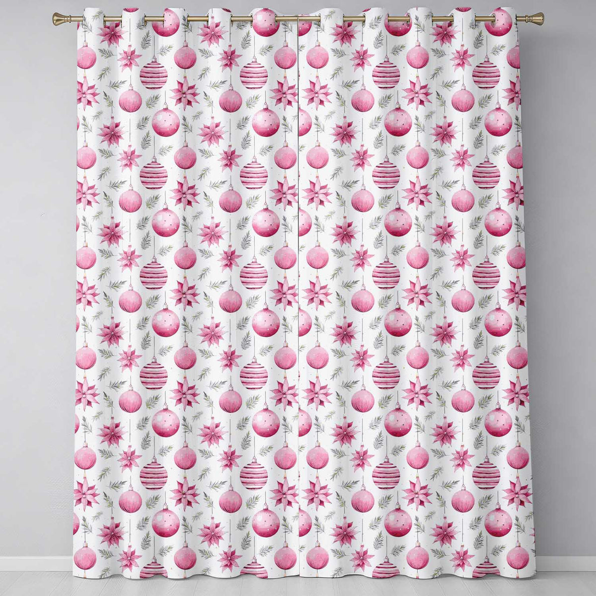 Watercolor Pink Christmas Bauble Poinsettia Floral Seamless Pattern  Readymade Eyelet Ring Top Thermal 100% Blackout Curtains