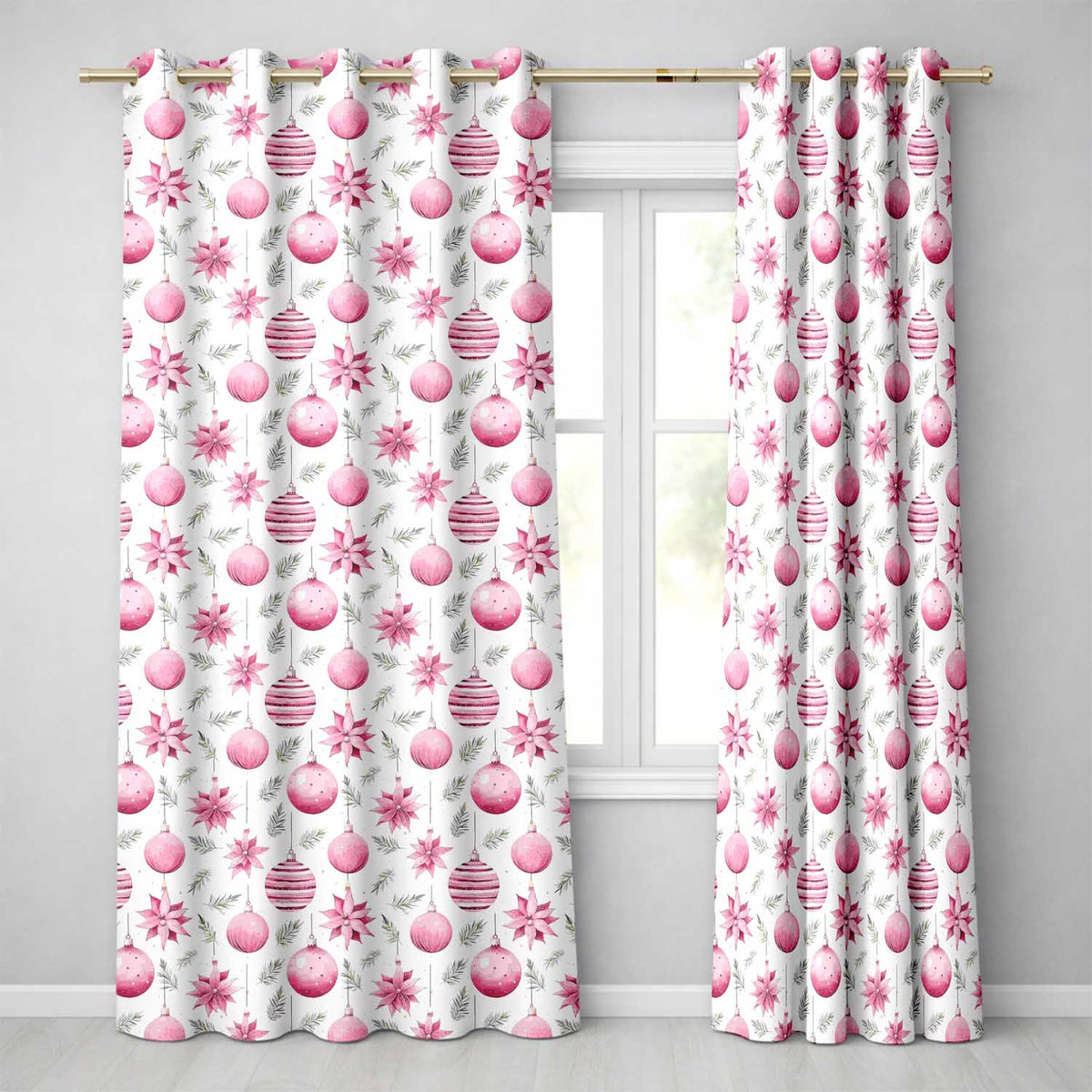 Watercolor Pink Christmas Bauble Poinsettia Floral Seamless Pattern  Readymade Eyelet Ring Top Thermal 100% Blackout Curtains