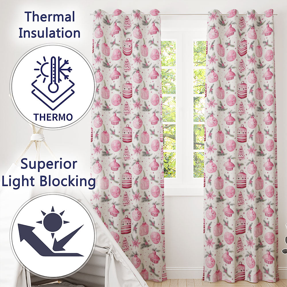 Watercolor Pink Red Berries Pine Leaves Christmas Seamless Pattern  Readymade Eyelet Ring Top Thermal 100% Blackout Curtains