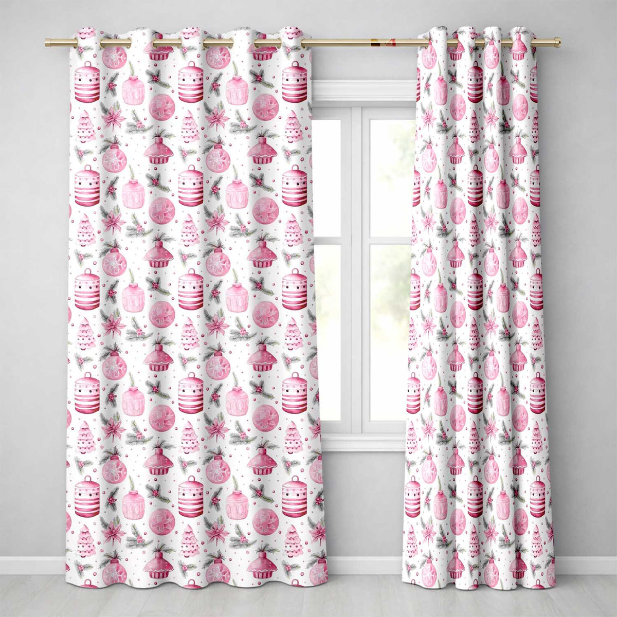Watercolor Pink Red Berries Pine Leaves Christmas Seamless Pattern  Readymade Eyelet Ring Top Thermal 100% Blackout Curtains