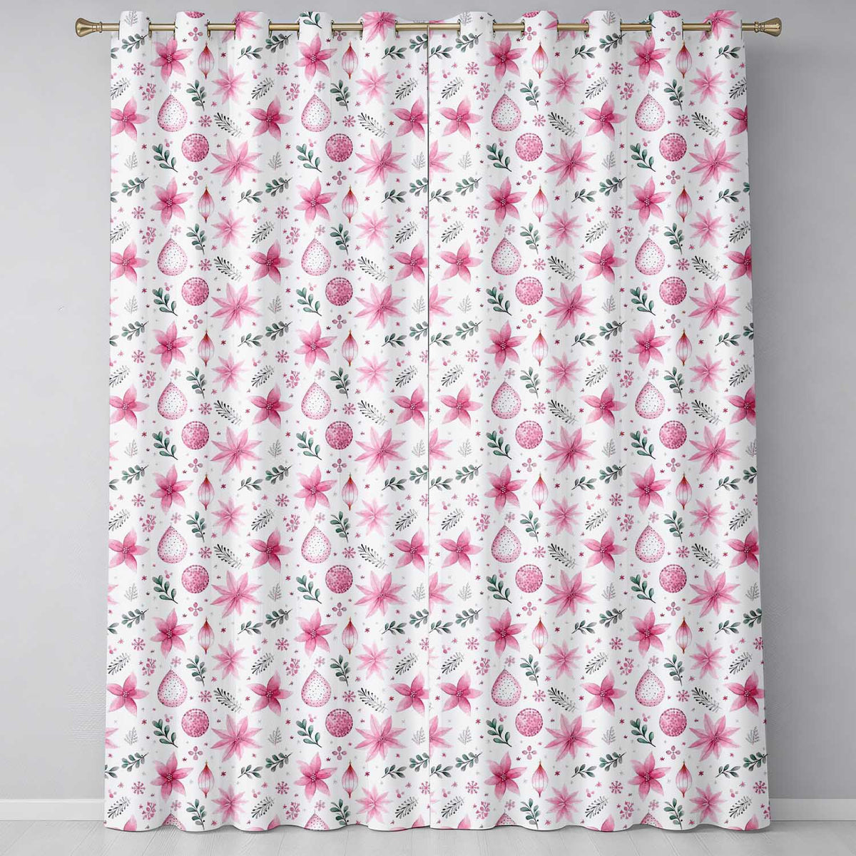Elegant Pink Christmas Baubles Stars Hanging Decor Seamless Pattern  Readymade Eyelet Ring Top Thermal 100% Blackout Curtains