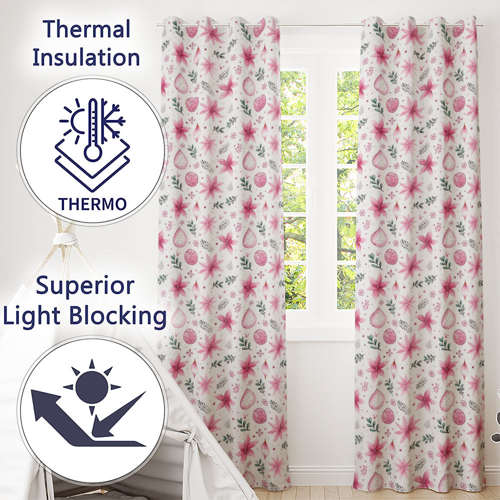 Elegant Pink Christmas Baubles Stars Hanging Decor Seamless Pattern  Readymade Eyelet Ring Top Thermal 100% Blackout Curtains
