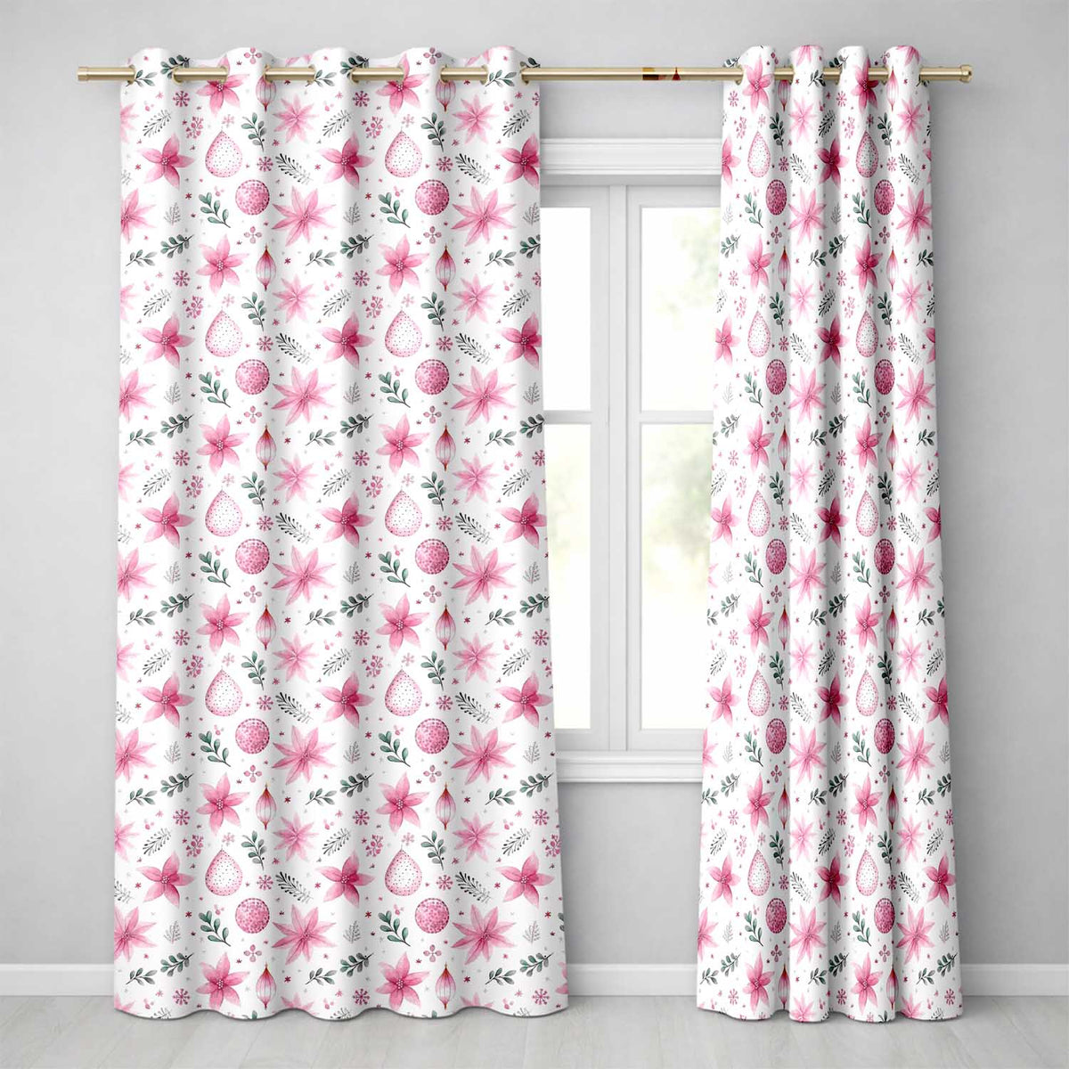 Elegant Pink Christmas Baubles Stars Hanging Decor Seamless Pattern  Readymade Eyelet Ring Top Thermal 100% Blackout Curtains