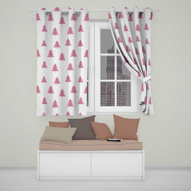 Minimal Pink Christmas Trees Snowflakes Seamless Pattern  Readymade Eyelet Ring Top Thermal 100% Blackout Curtains
