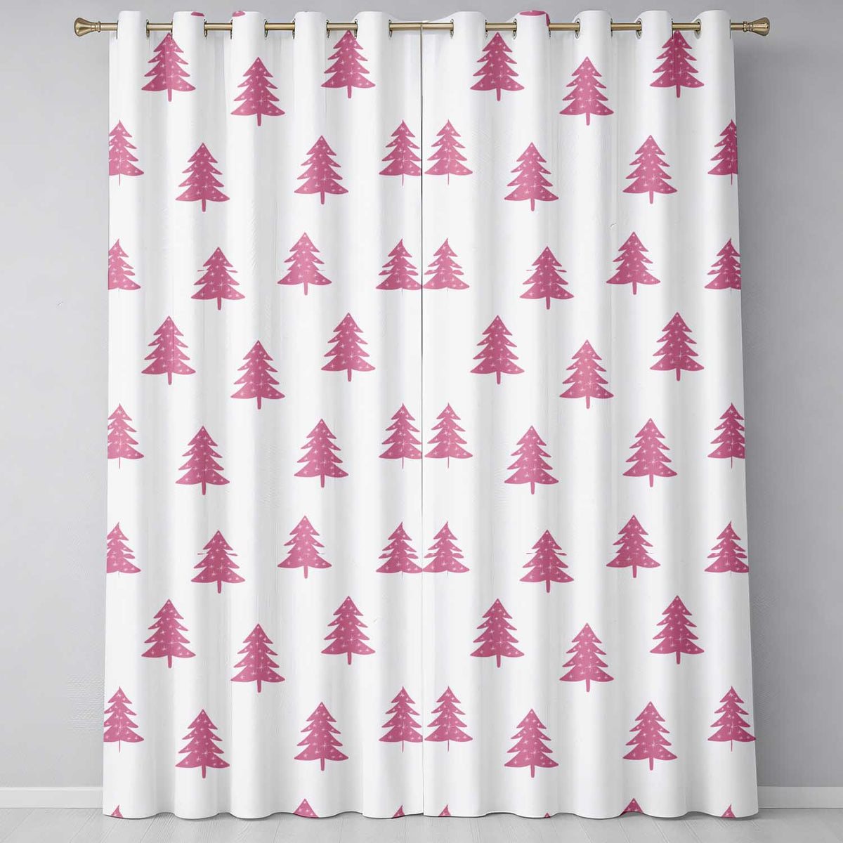 Minimal Pink Christmas Trees Snowflakes Seamless Pattern  Readymade Eyelet Ring Top Thermal 100% Blackout Curtains