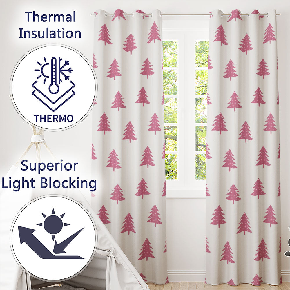 Minimal Pink Christmas Trees Snowflakes Seamless Pattern  Readymade Eyelet Ring Top Thermal 100% Blackout Curtains