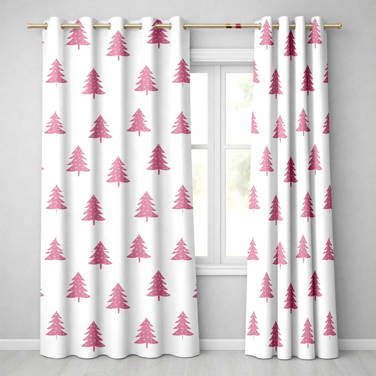 Minimal Pink Christmas Trees Snowflakes Seamless Pattern  Readymade Eyelet Ring Top Thermal 100% Blackout Curtains