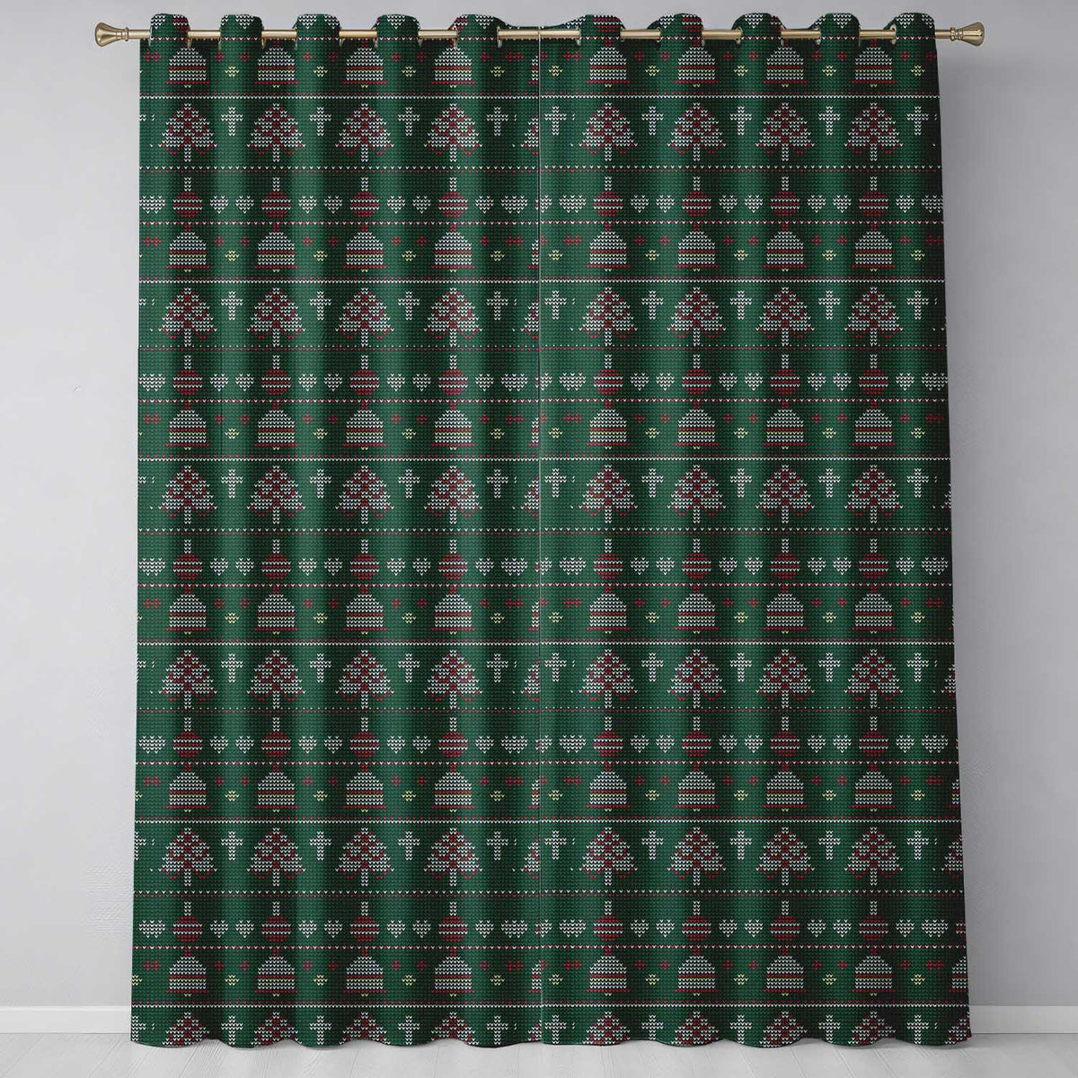 Green Christmas Ornament Tree Knitted Seamless Pattern  Readymade Eyelet Ring Top Thermal 100% Blackout Curtains