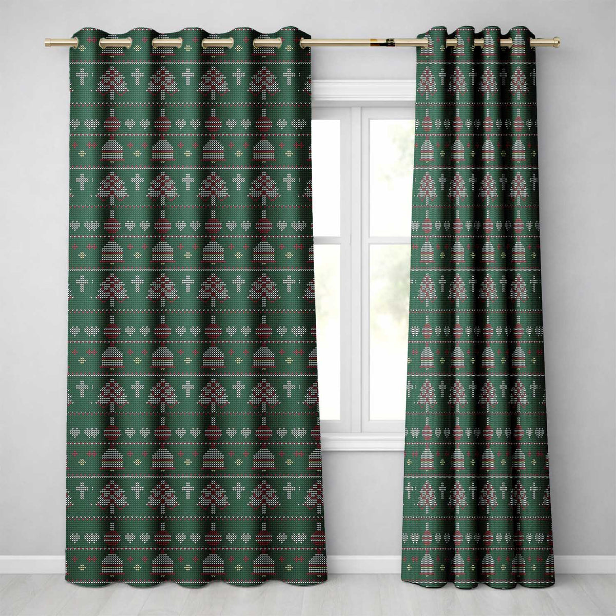 Green Christmas Ornament Tree Knitted Seamless Pattern  Readymade Eyelet Ring Top Thermal 100% Blackout Curtains