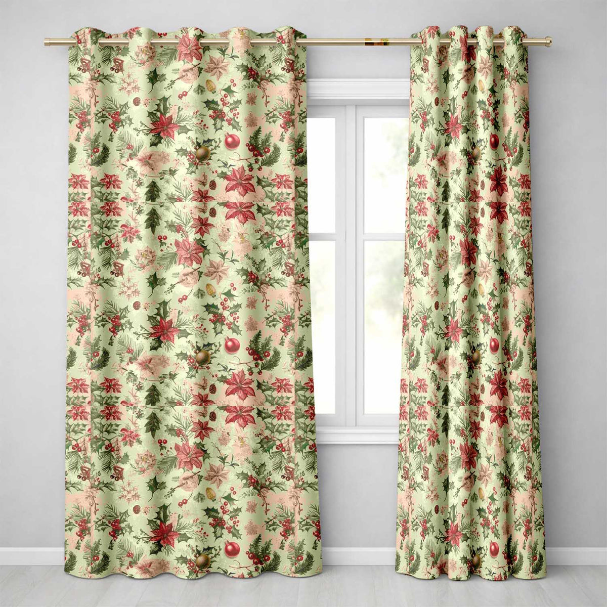 Festive Poinsettia Holly Berry Vintage Christmas Seamless Pattern  Readymade Eyelet Ring Top Thermal 100% Blackout Curtains