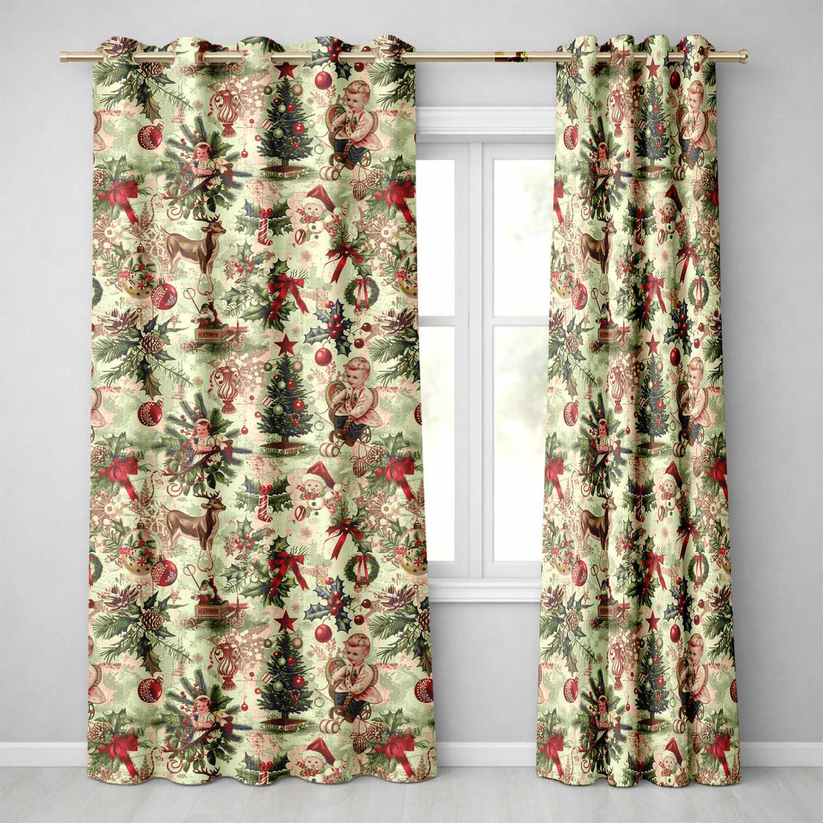 Classic Vintage Christmas Toys Tree Santa Festive Seamless Pattern  Readymade Eyelet Ring Top Thermal 100% Blackout Curtains