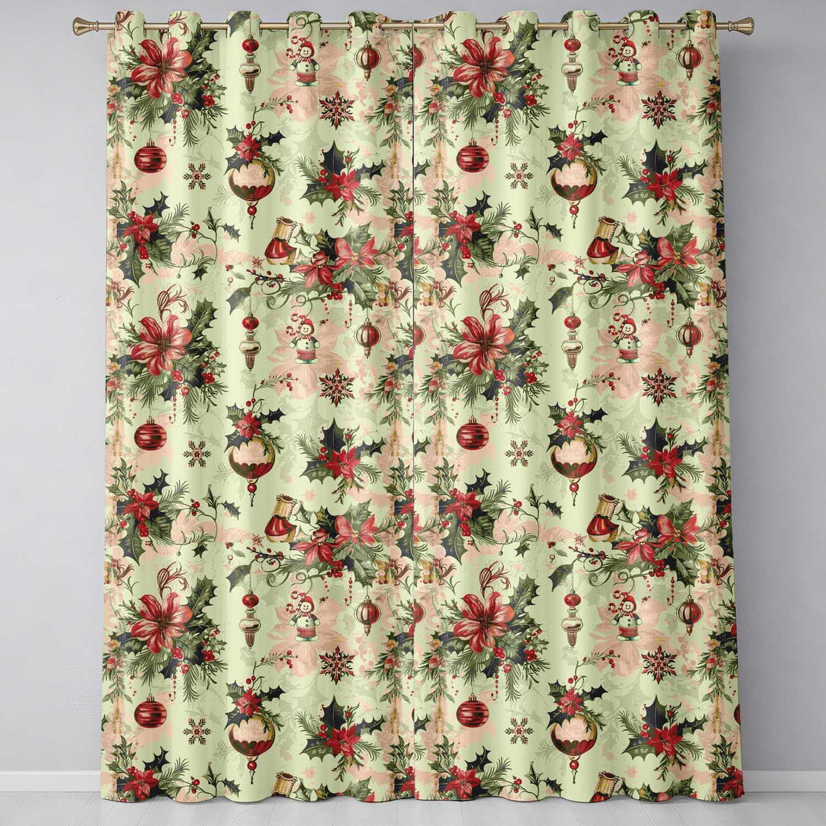 Vintage Christmas Floral Holly Ornament Festive Seamless Pattern  Readymade Eyelet Ring Top Thermal 100% Blackout Curtains