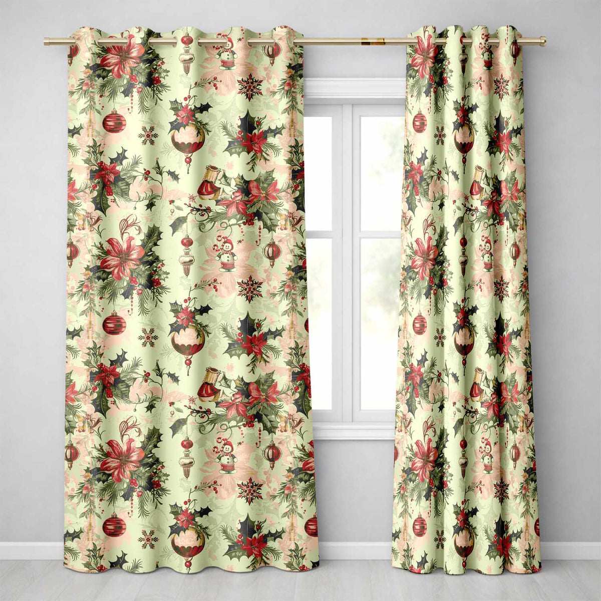 Vintage Christmas Floral Holly Ornament Festive Seamless Pattern  Readymade Eyelet Ring Top Thermal 100% Blackout Curtains