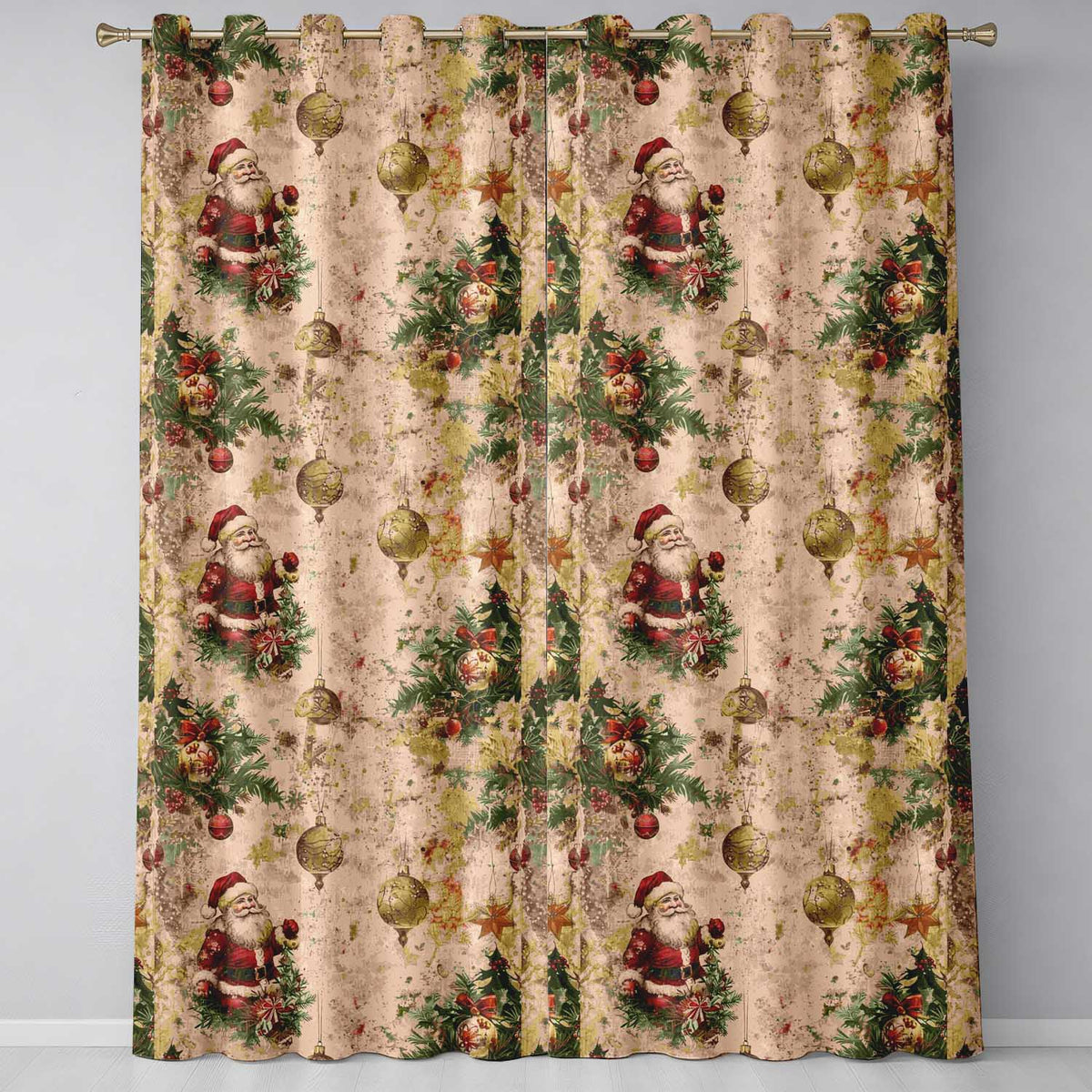 Rustic Vintage Santa Pine Branch Ornament Seamless Pattern  Readymade Eyelet Ring Top Thermal 100% Blackout Curtains