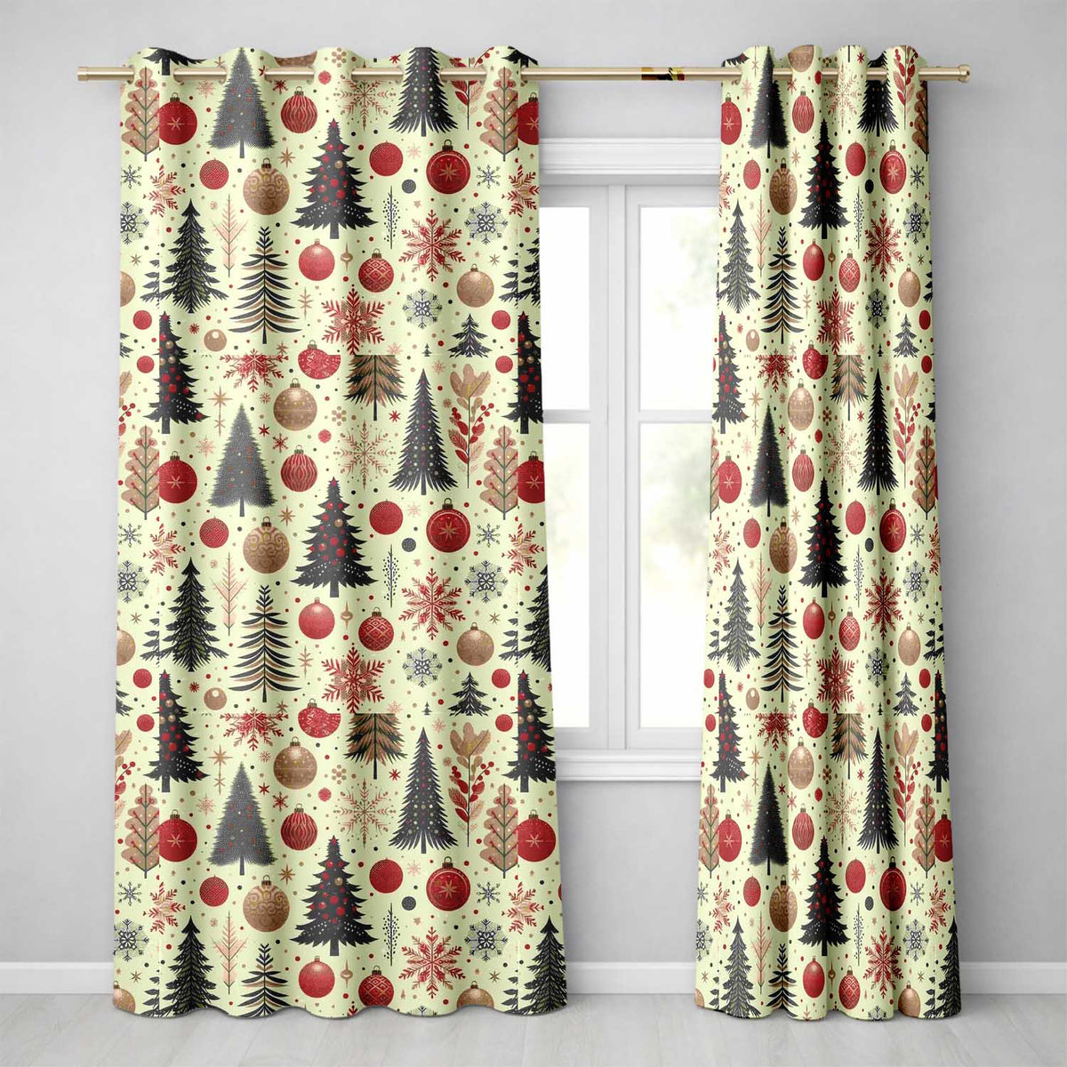 Elegant Christmas Tree Snowflake Bauble Festive Seamless Pattern  Readymade Eyelet Ring Top Thermal 100% Blackout Curtains